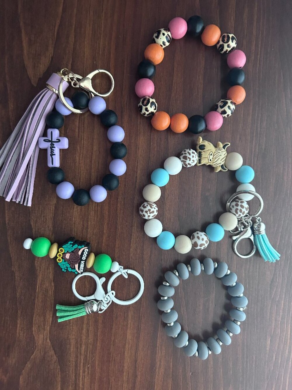 Handmade silicone/wood beaded wristlet keychains
